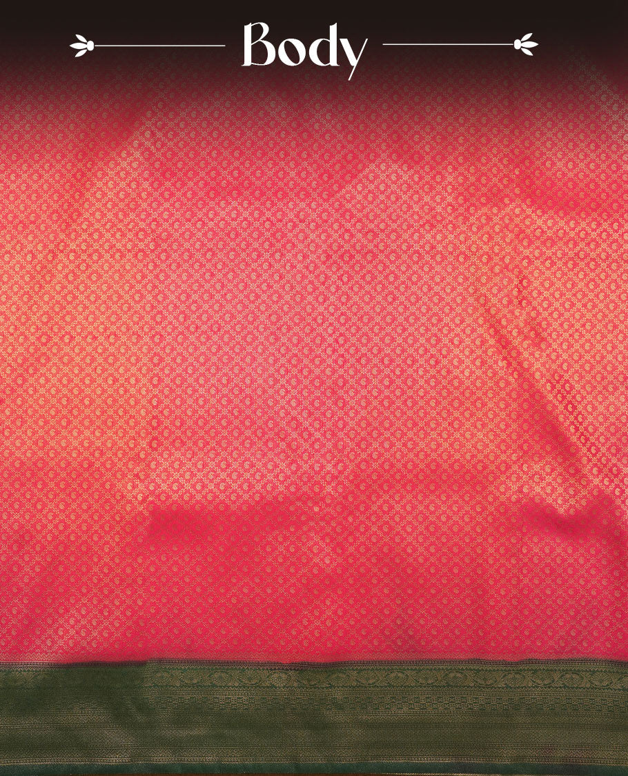 Magenta colour semi silk brocade saree featuring intricate Gold Diamond patterns across the body, complemented by a contrast Green colour woven border and pallu, paired with a matching blouse.