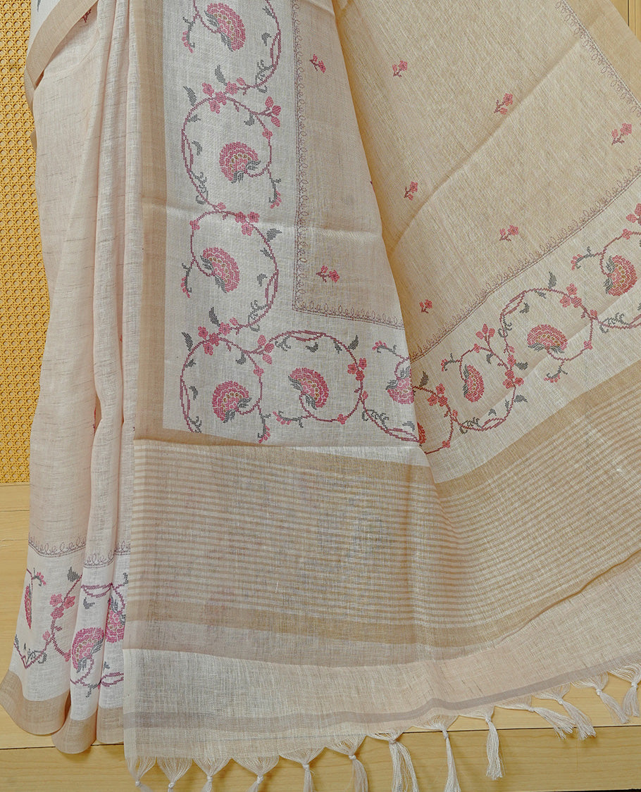 Cream colour semi linen saree featuring Floral printed buttas on body, complemented by contrast Pale Yellow colour border, comes with matching blouse piece.