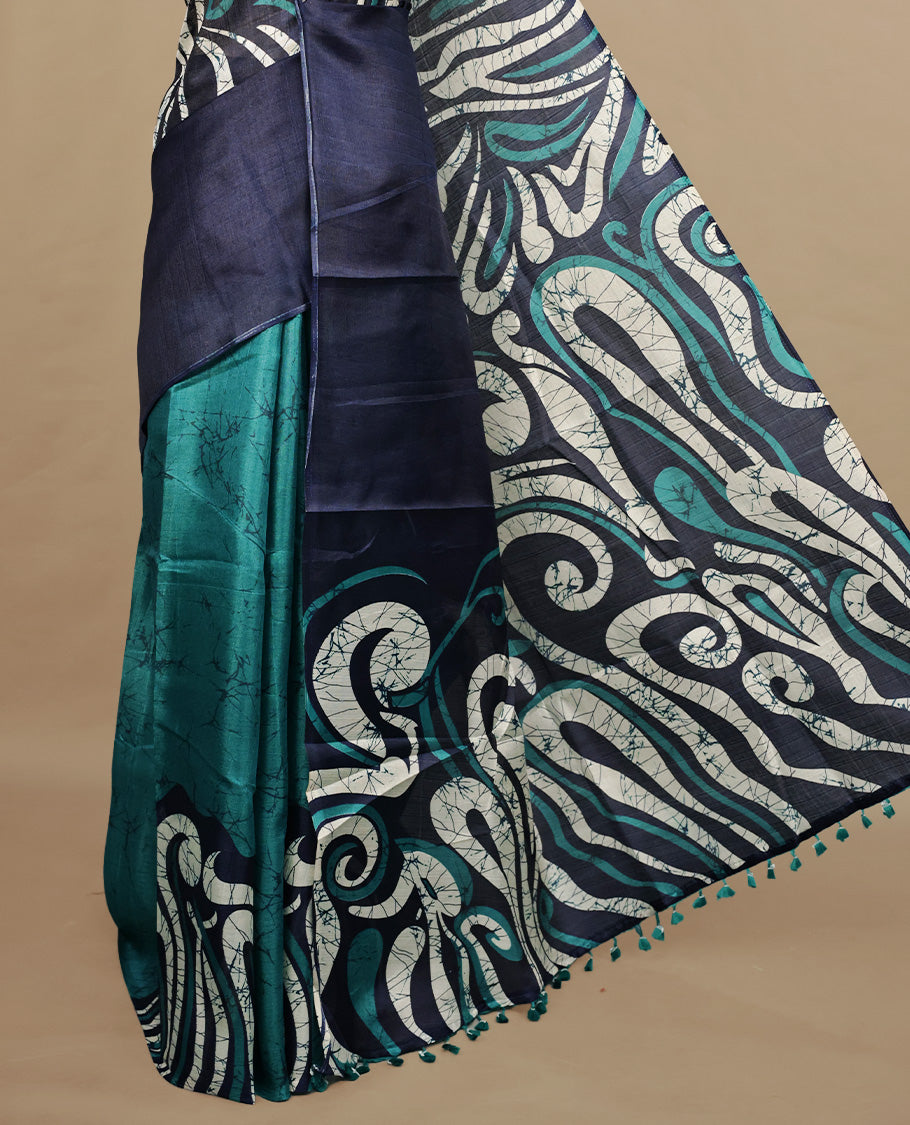 Peacock With Navy Blue Colour Khadi silk saree Featuring Abstract Print Patterned & Curved Wave Like Line Detailed Body, Paired with matching blouse piece.