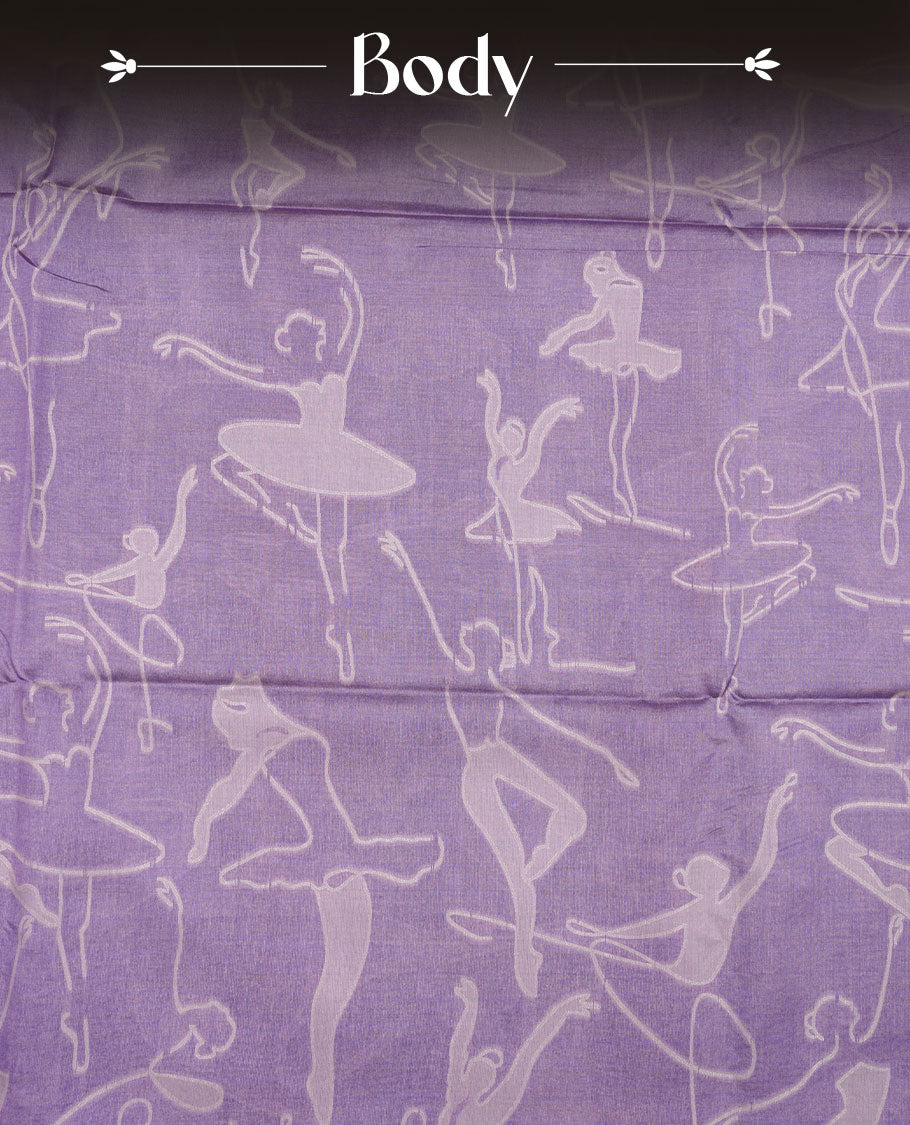 Lavender colour semi tussar silk saree, featuring an intricate white dancing women motif on the body and pallu with gold zari , comes with matching blouse.