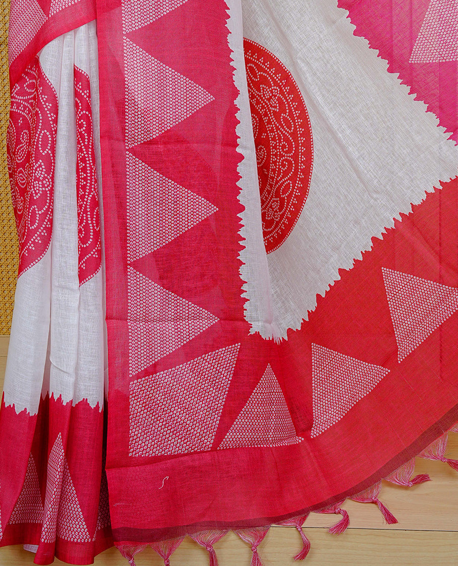 Cream colour semi linen saree featuring red Ajrakh pattern print on body, complemented by contrast Pink colour with same pattern print Red border, comes with matching blouse piece.