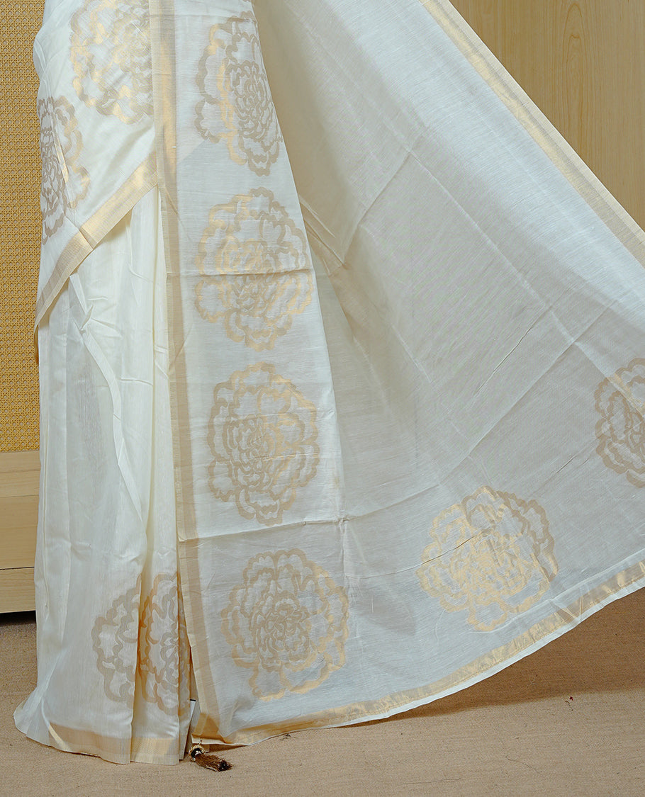 Cream Colour Organza Kerala Saree Featuring A Plain Body, Enriched By A Light Gold Zari Rose Patterned Border, Paired With A Matching Blouse Piece.