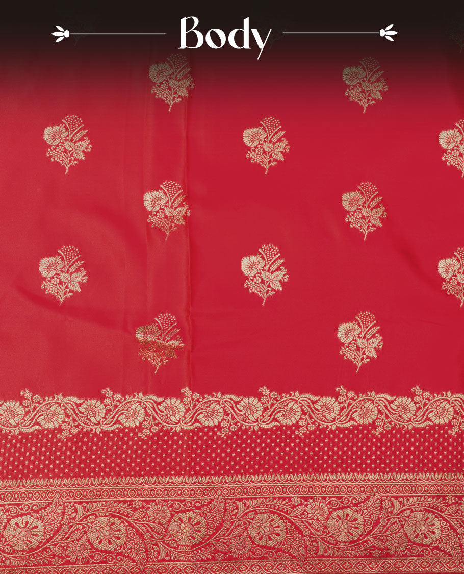 Red colour Banaras Satin Crepe saree featuring gold zari floral motifs on the body, a richly detailed traditional border with intricate gold zari work, and paired with a matching blouse.