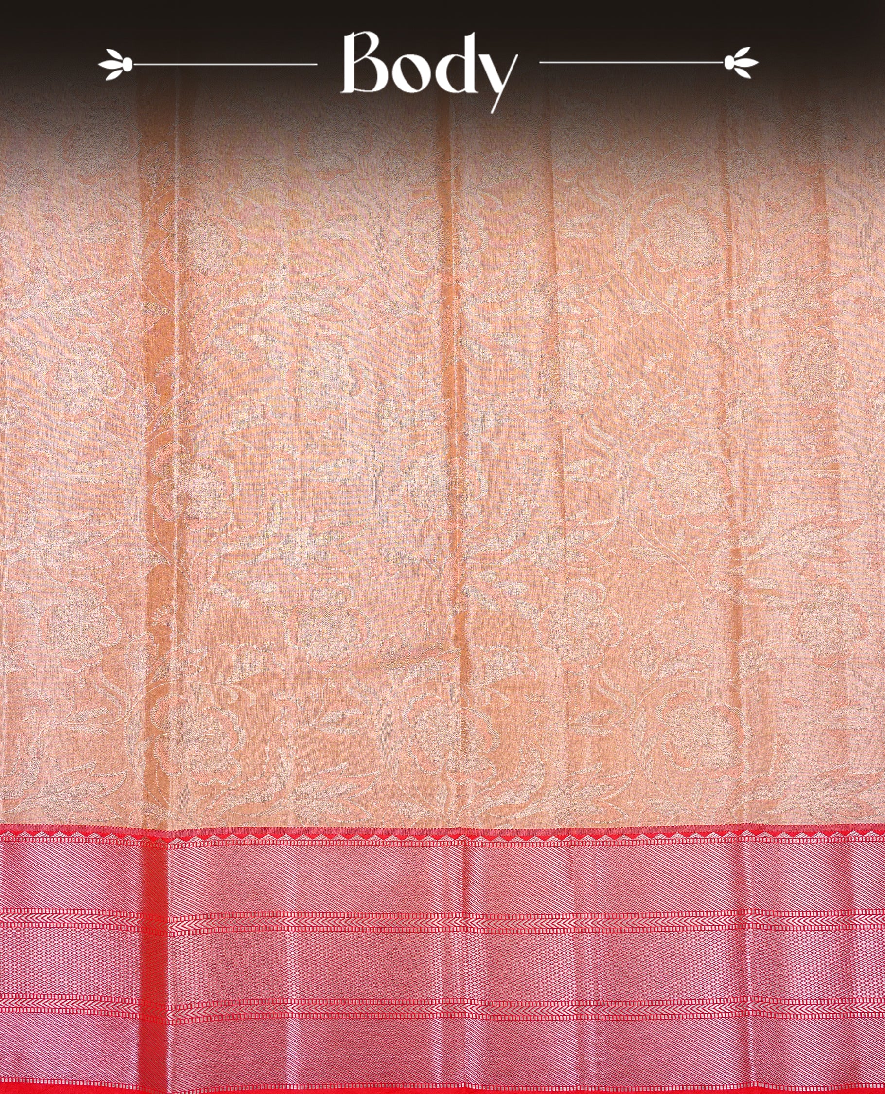 Light Bronze colour Semi tissue silk saree featuring Light pink & Gold Zari kodi pattern on body, Contrast Red colour with traditional border, paired with matching.