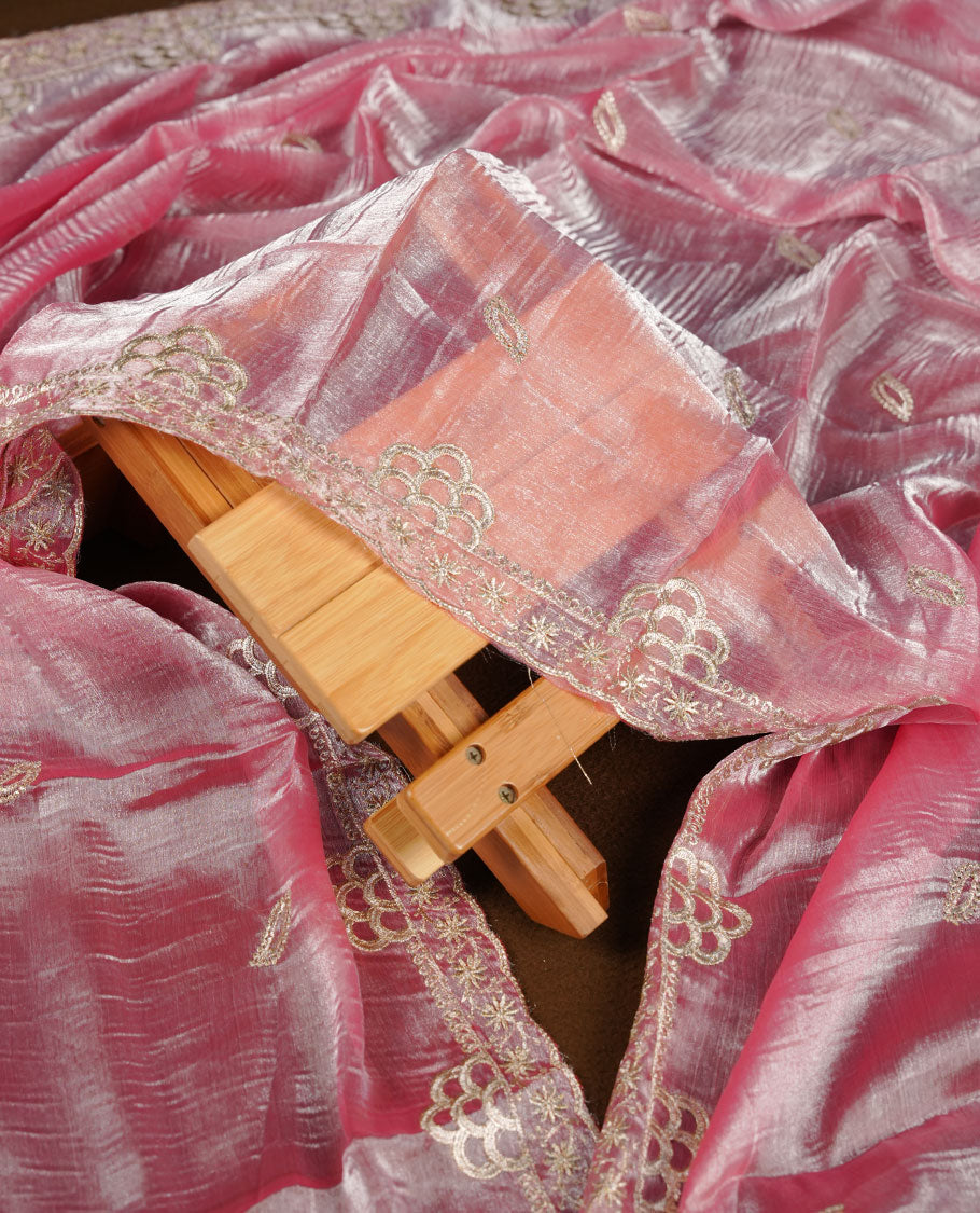 Pink colour churidar set with stone and thread embroidery and detailing, paired with matching pant and dupatta.