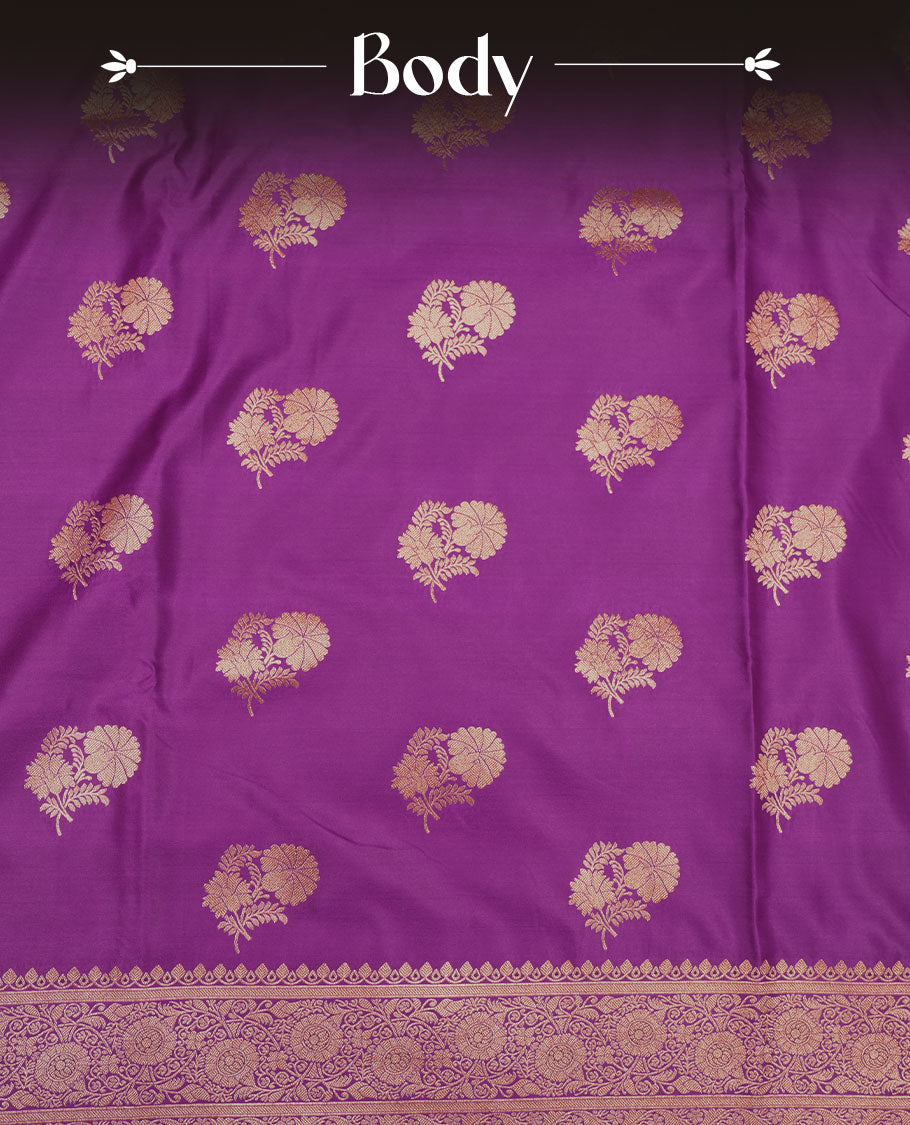 Purple colour Banaras Satin Crepe saree featuring gold zari buttas on the body, a richly woven traditional border with gold zari detailing, and paired with a matching blouse.