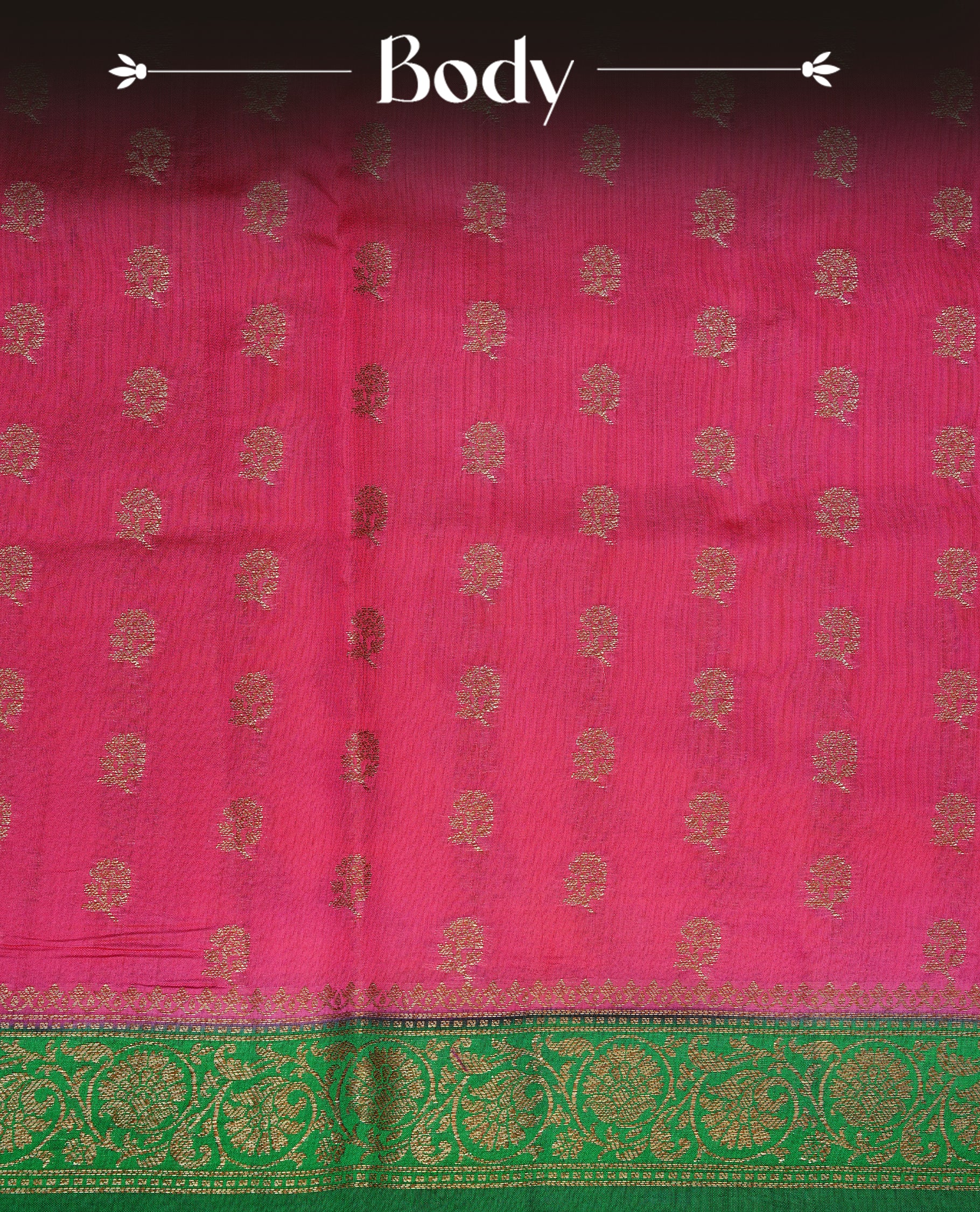 Magenta colour pure tussar Banaras silk saree featuring intricate gold zari motifs across the body, enhanced with a contrast green floral kodi zari border for a rich traditional look. Comes with a matching blouse piece.