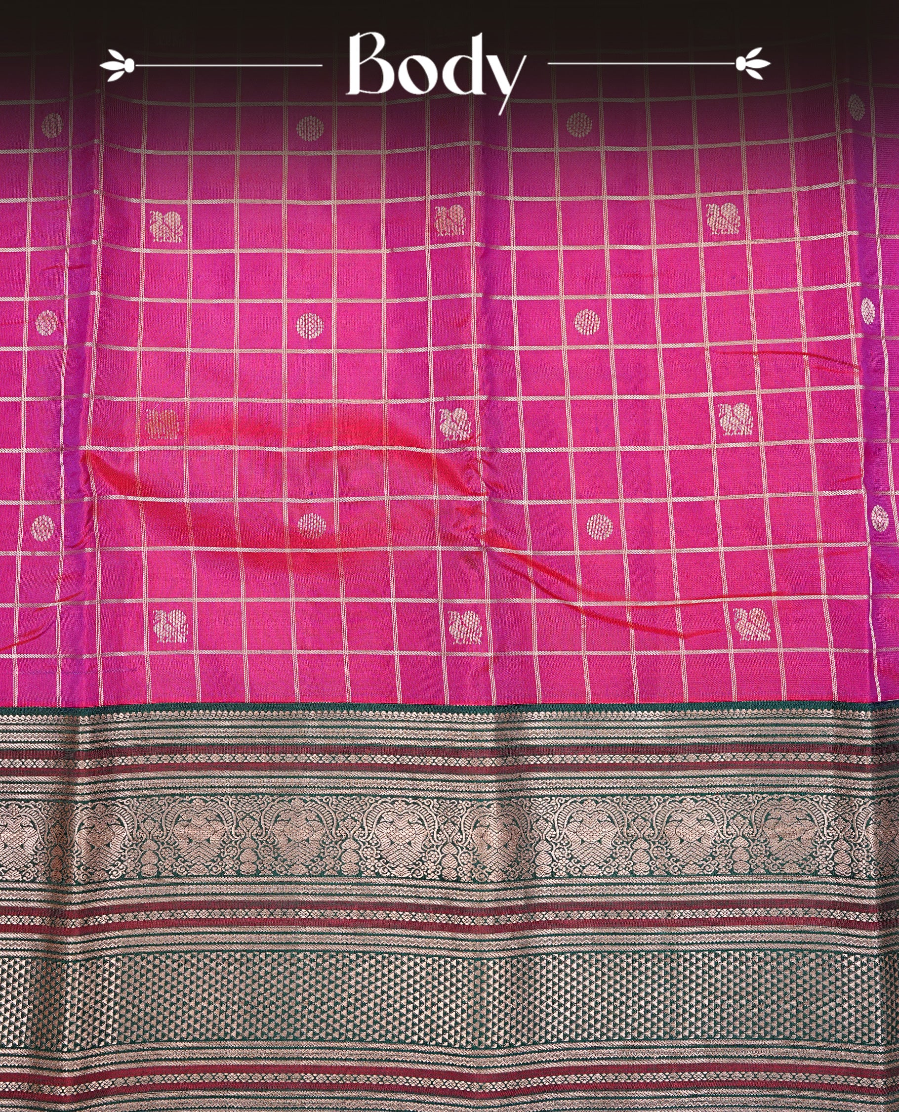 Purple colour Kancheepuram Silk saree featuring Gold zari Peacock motifs & check pattern on body, Enlighting contrast green Colour with Gold zari traditional border, paired with a matching blouse piece.
