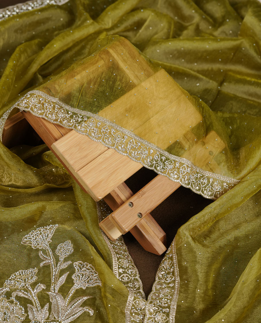 Olive green colour churidar set with stone and thread embroidery and detailing, paired with matching pant and dupatta.