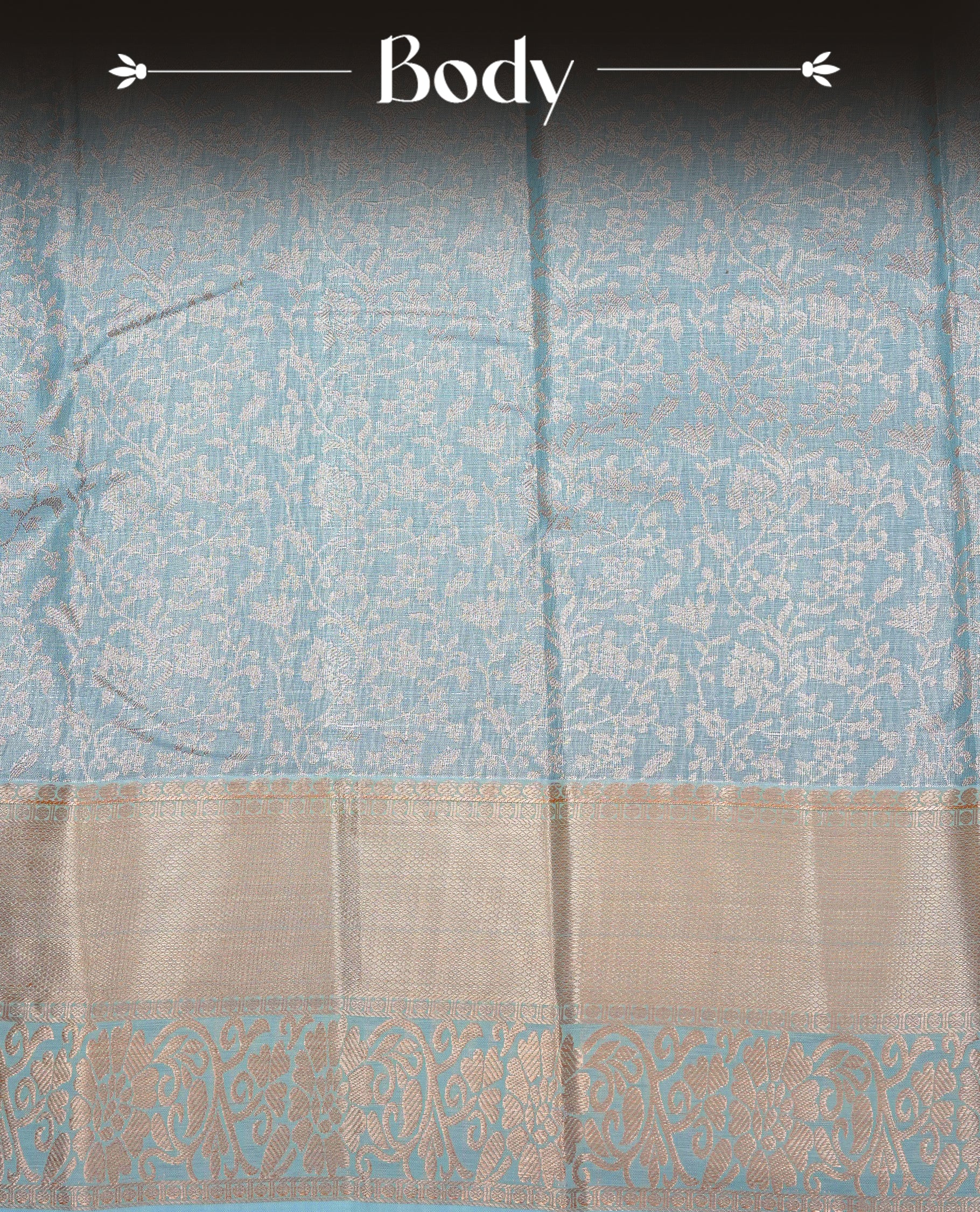 Ice blue colour Double shade Semi tissue silk saree featuring Light gold zari Kodi pattern on body, Contrast colour with traditional border, paired with matching.