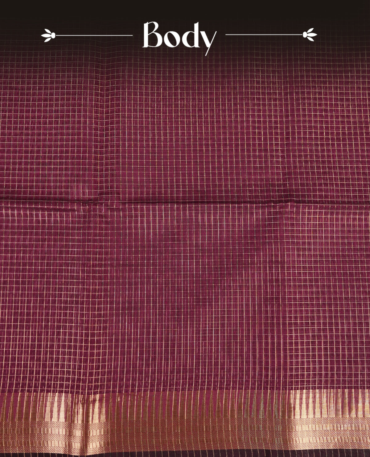 Wine colour Maheshwari cotton saree, gold zari small checks on body, complement self colour gold zari temple design border comes with matching blouse.