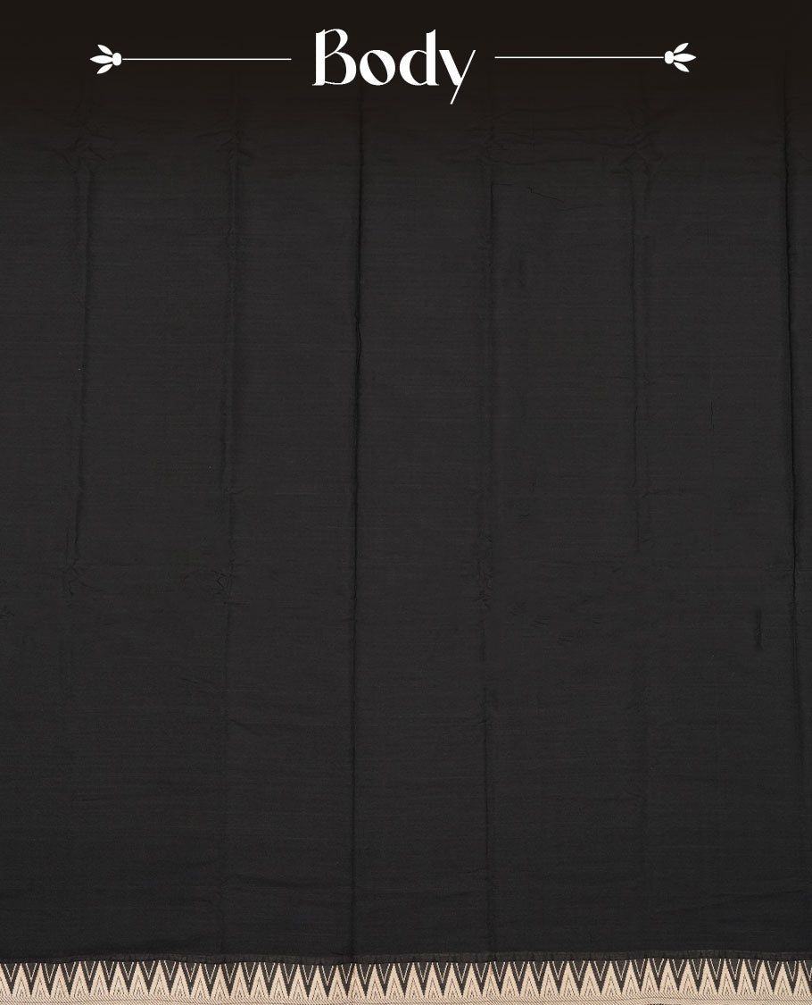 Black colour Narayanapattu cotton saree featuring a self coloured body, contrast cream colour zari border and pallu, pairing a matching blouse piece.