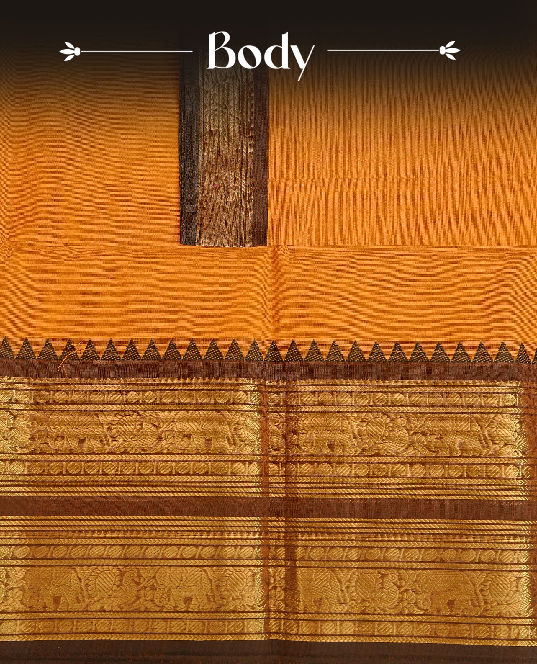 Mustrad colour chettinad cotton saree featuring Elegant plain body,Contrast Brown colour with Gold zari border, comes with matching blouse piece.