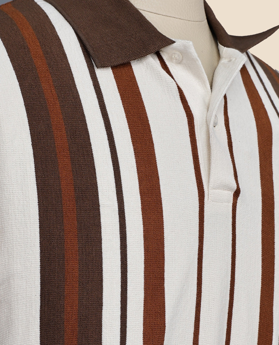 Cream colour Tshirt featuring Collar design neck, elegant Strip pattern on body and Half sleeve.