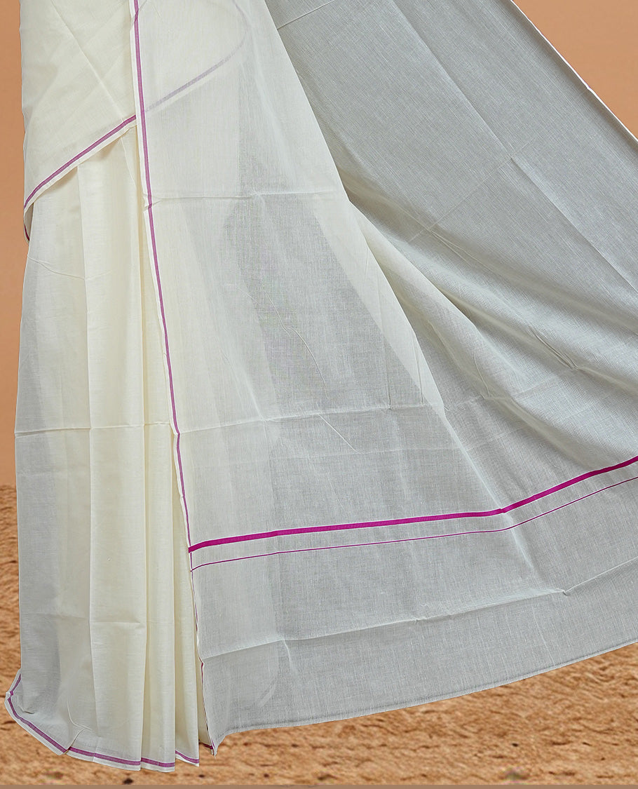 Cream Colour Cotton Kerala Saree Featuring A Classy Plain Body For Effortless Elegance, Enhanced By A Minimalist Magenta Border, Paired With A Matching Blouse Piece.