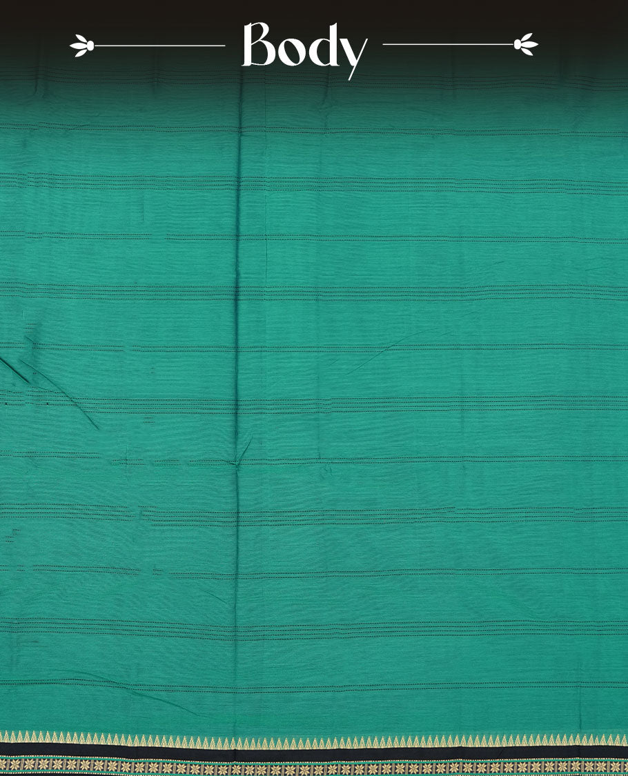 Pine green colour Narayanapattu cotton saree featuring a Dark blue colour stripped body, contrast Dark blue colour with Cream zari border and pallu, pairing a matching blouse piece.