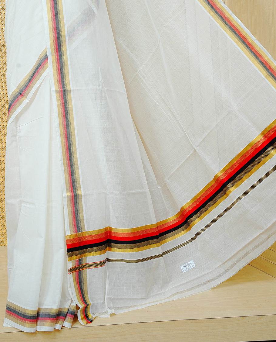 Cream colour Cotton kerala saree featuring Classy Plain body, complemented by Gold with red & black zari border & Pallu, paired with matching blouse piece.