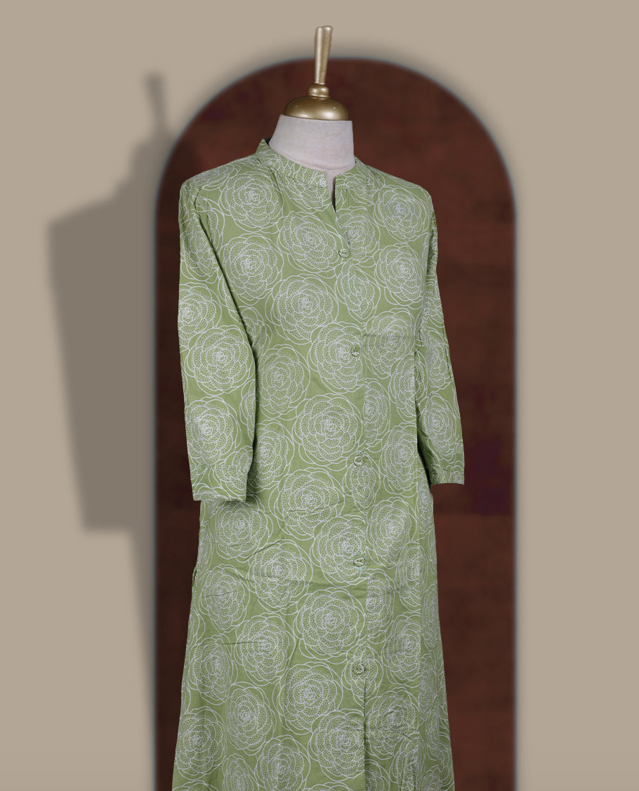Pista green colour coord set featuring elegant floral prints all over, mandarin collar, and sheer 3/4 sleeves, Paired with matching pants, it offers a sleek, modern look perfect for refined casual wear.