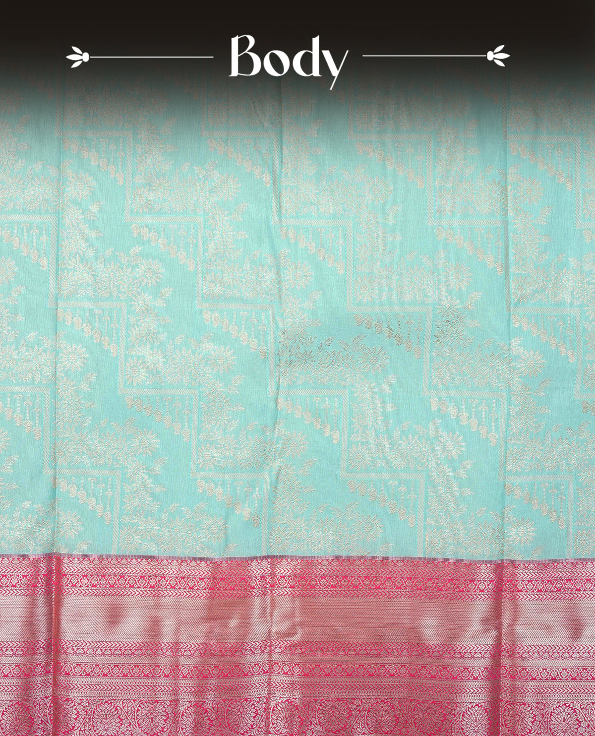 Ice blue colour semi wedding saree featuring gold zari check pattern with motifs across the body, complemented by a contrast magenta traditional border. Comes with a matching blouse piece.