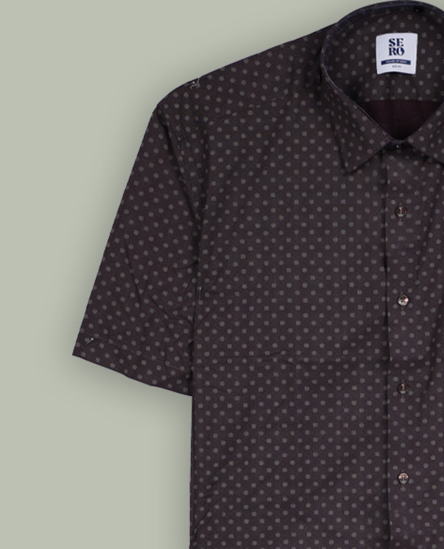Brown colour printed short sleeve shirt with a classic spread collar, Made from soft, breathable fabric, it blends comfort and style perfectly.
