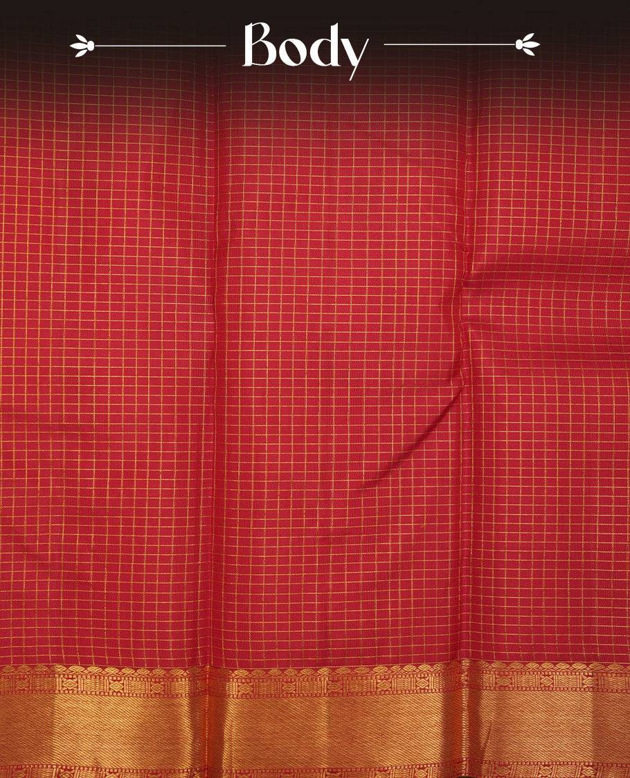 Red colour pure traditional Kancheepuram silk saree adorned with gold zari Checks across the body, featuring elegant traditional borders, beautifully paired with a matching blouse piece.