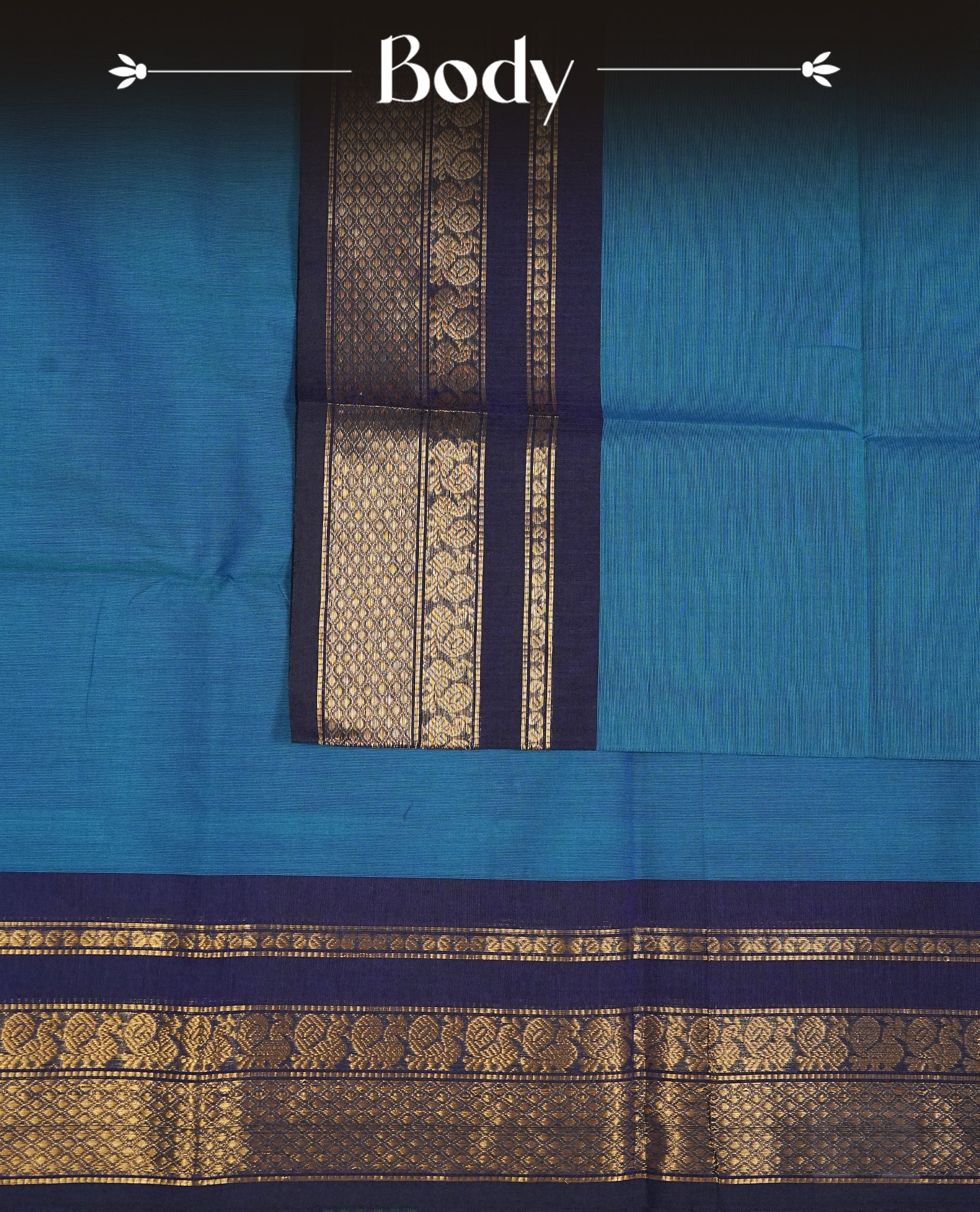Peacock Colour Chettinad Cotton Saree Featuring a Plain Body, Complemented by a Violet Colour Border with Gold Zari and a Contrast Striped Pallu, Paired with a Matching Blouse Piece.