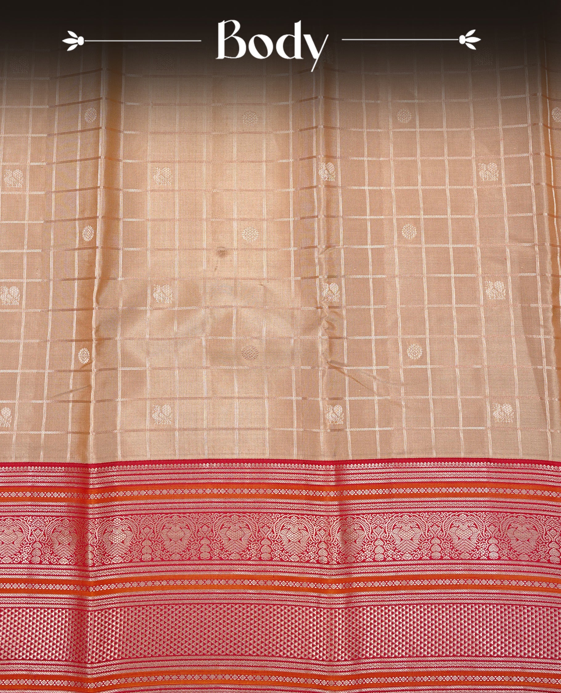 Sage colour Kancheepuram Silk saree featuring Gold zari Peacock motifs& check pattern on body, Enlighting contrast Maroon Colour with Gold zari traditional border, paired with a matching blouse piece.