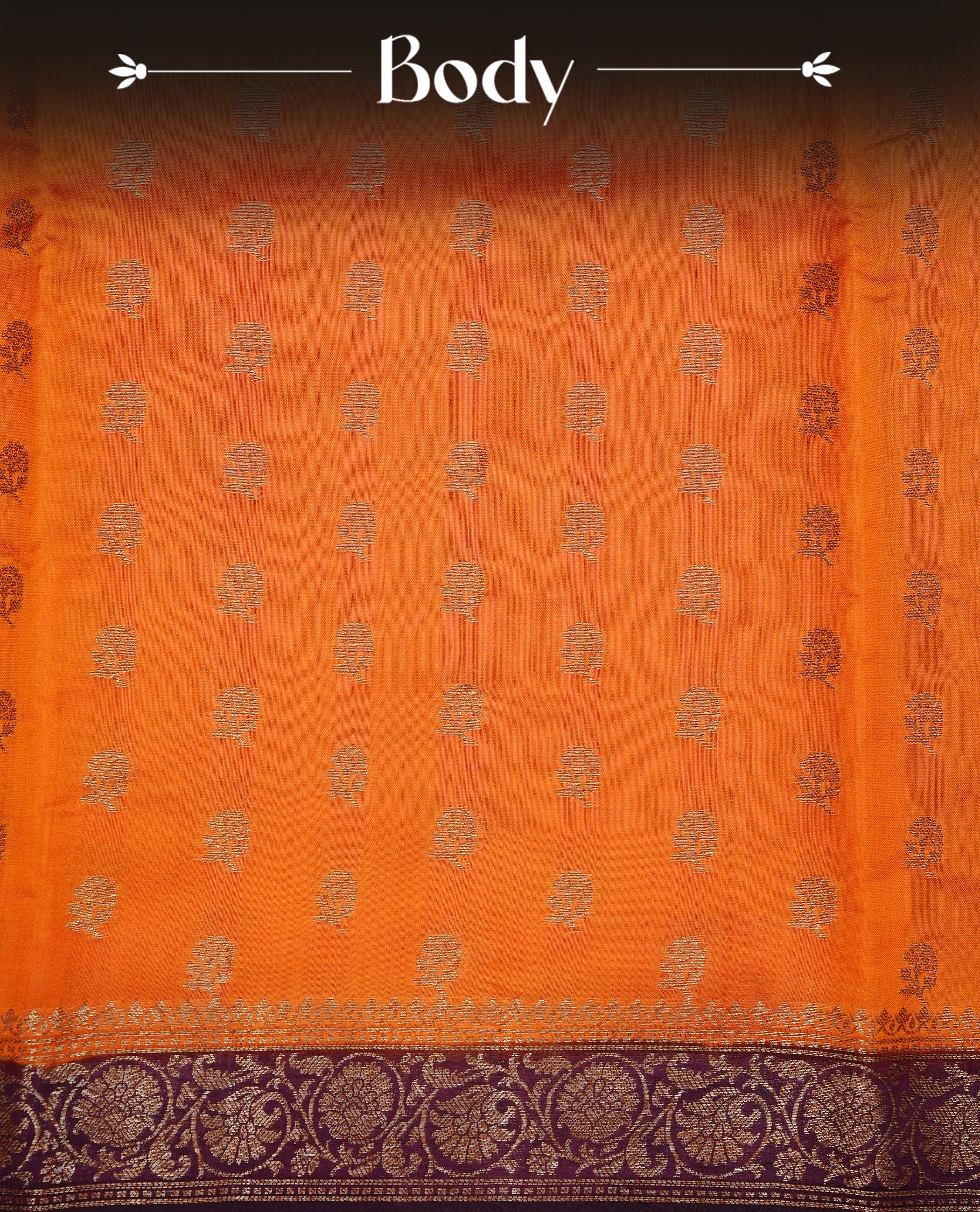 Orange colour Banaras tussar silk saree featuring elegant gold zari buttas across the body, complemented by a contrast chocolate brown border with rich zari detailing. Comes paired with a matching blouse piece.
