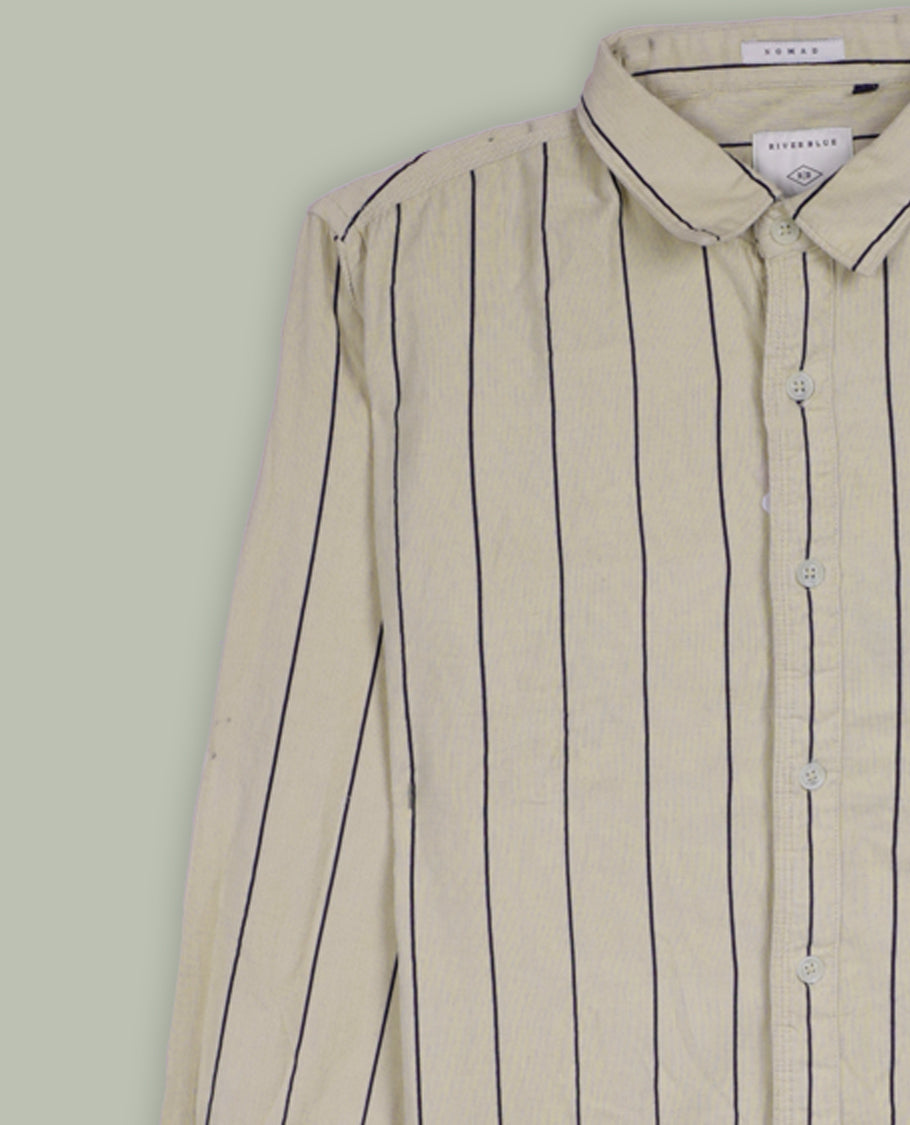 Beige colour shirt featuring sleek black vertical lines for a modern appeal, Designed with a classic collar and full sleeves, this versatile piece blends style and comfort, perfect for both formal and casual occasions.