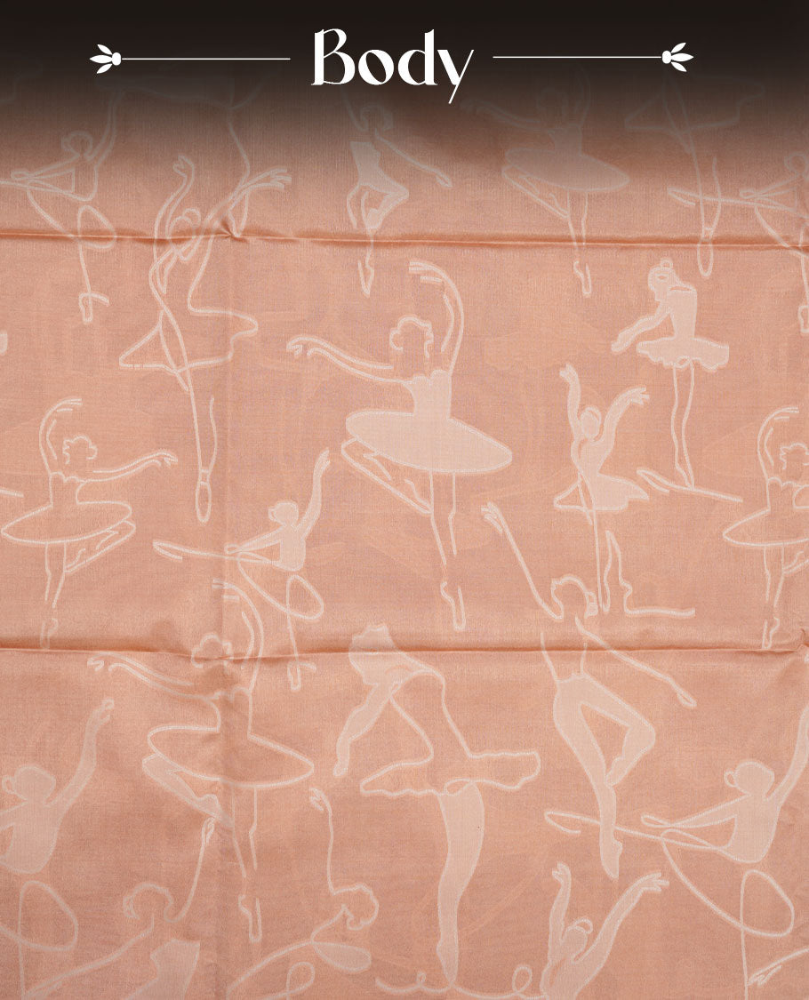 Sandal colour semi tussar silk saree, featuring an intricate white dancing women motif on the body and pallu with gold zari , comes with matching blouse.