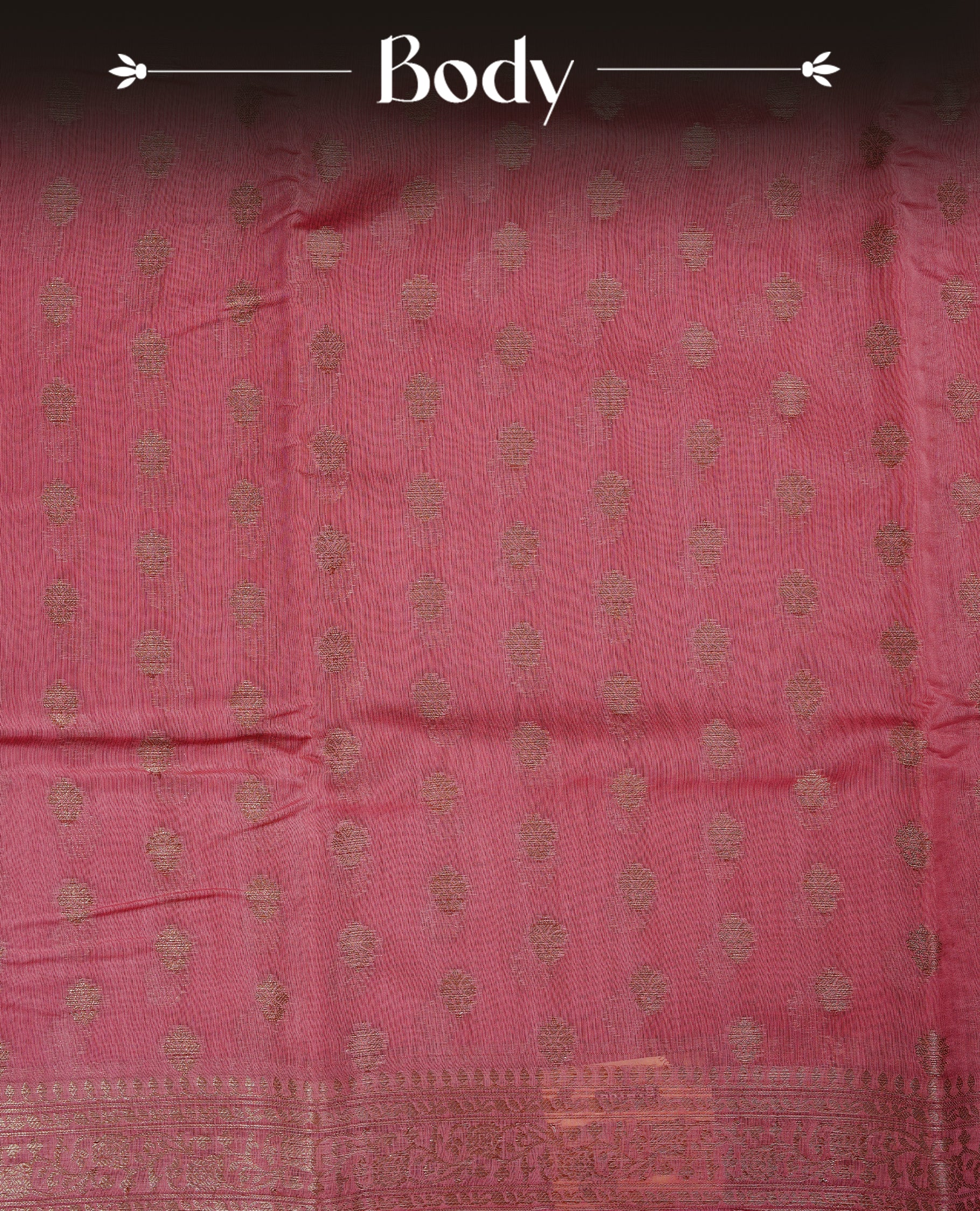 Candy pink colour semi tussar silk saree featuring elegant gold zari motifs across the body, designed with a subtle borderless zari finish for a sophisticated traditional look. Paired with a matching blouse piece.