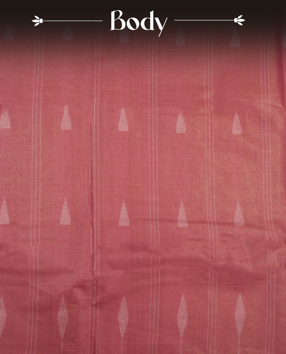 Pink colour semi jute saree highlighting gold zari stripped body with white motifs, without border and paired with matching blouse.