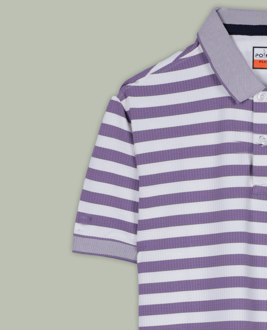 Purple and white colour striped T shirt featuring a classic shirt collar and short sleeves, offering a trendy yet casual look.