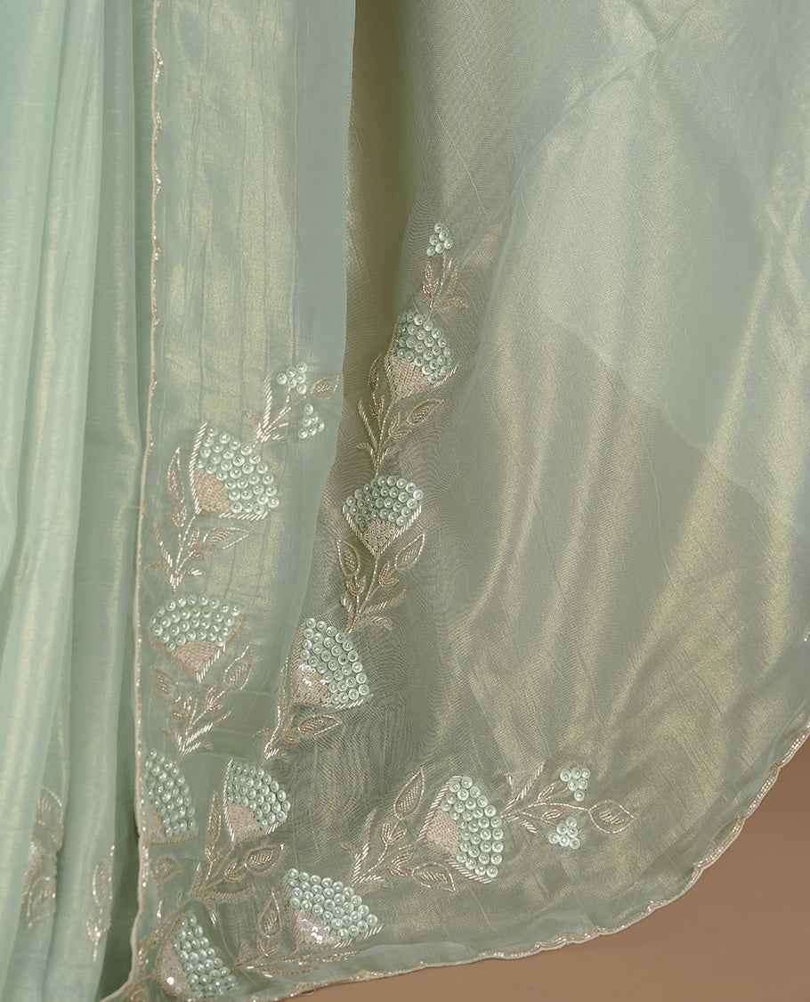 Pastel green colour net organza saree featuring thread, sequins, cut beats worked on body, highlighting scalp border, paired with matching blouse piece.