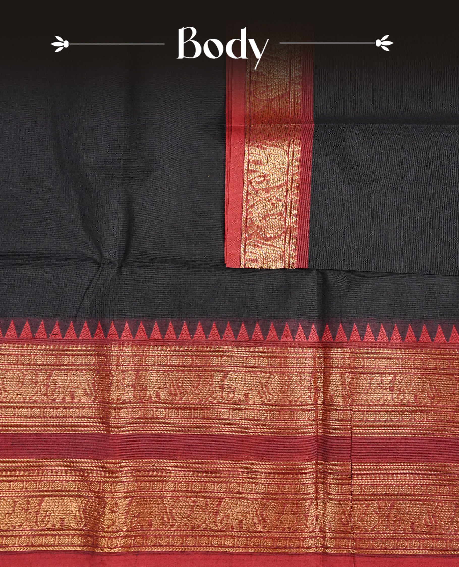 Black colour chettinad cotton saree Featuring Elegant plain body, complemented by contrast Maroon colour with zari border, comes with matching blouse piece.