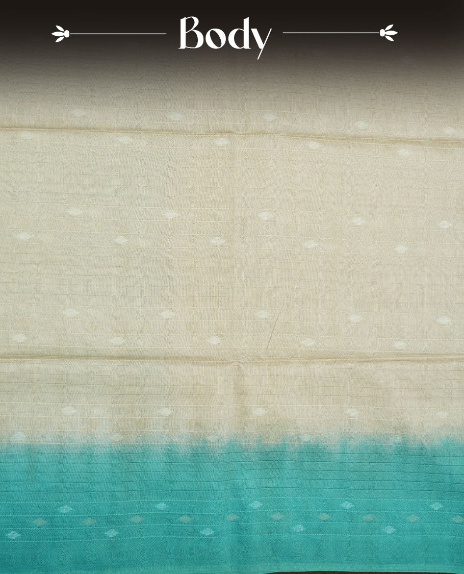 Cream & aqua dye pattern colour semi jute saree highlighting white stripped body, without border and paired with matching blouse.