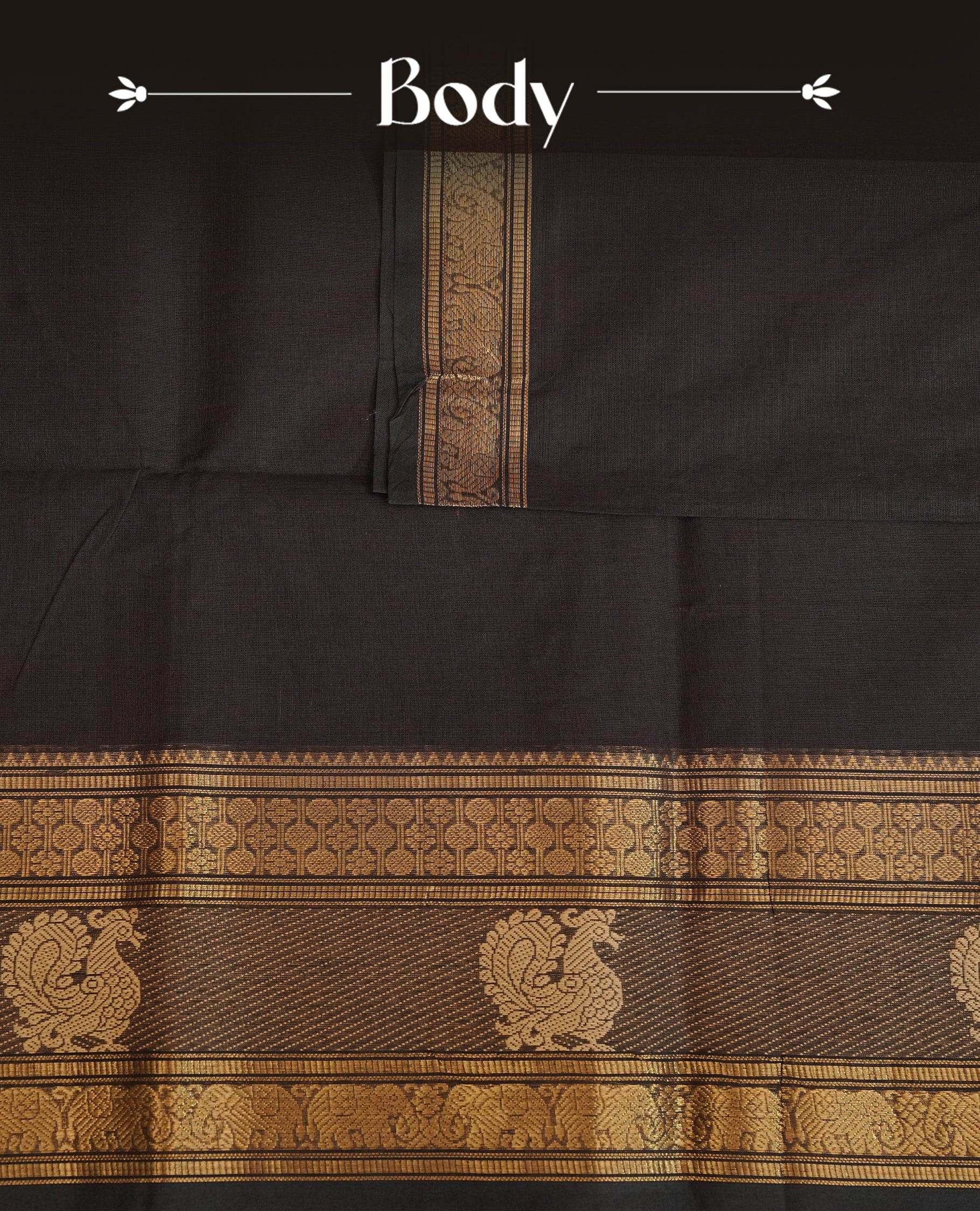 Dark chocolate Colour Chettinad Cotton Saree Featuring a Plain Body, Complemented by a Self Colour Border with Peacock Pattern Gold Zari, Paired with a Matching Blouse Piece.