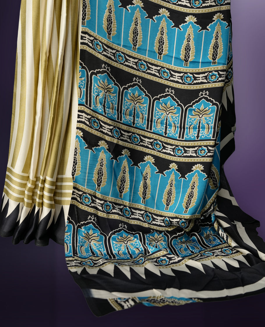 Beige colour saree with olive green stripes, highlighted by a striking black geometric border and a beautifully patterned pallu with intricate motifs, comes with a matching blouse.