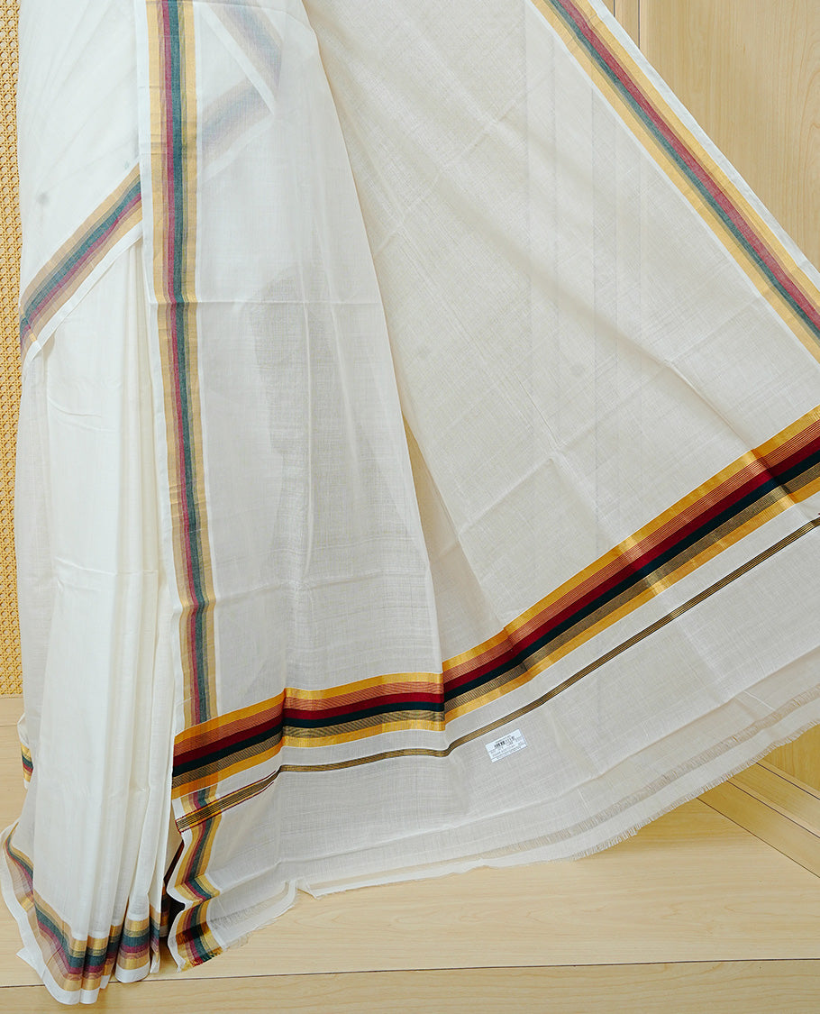 Cream colour Cotton kerala saree featuring Classy Plain body, complemented by Gold with Maroon & Green zari border & Pallu, paired with matching blouse piece.