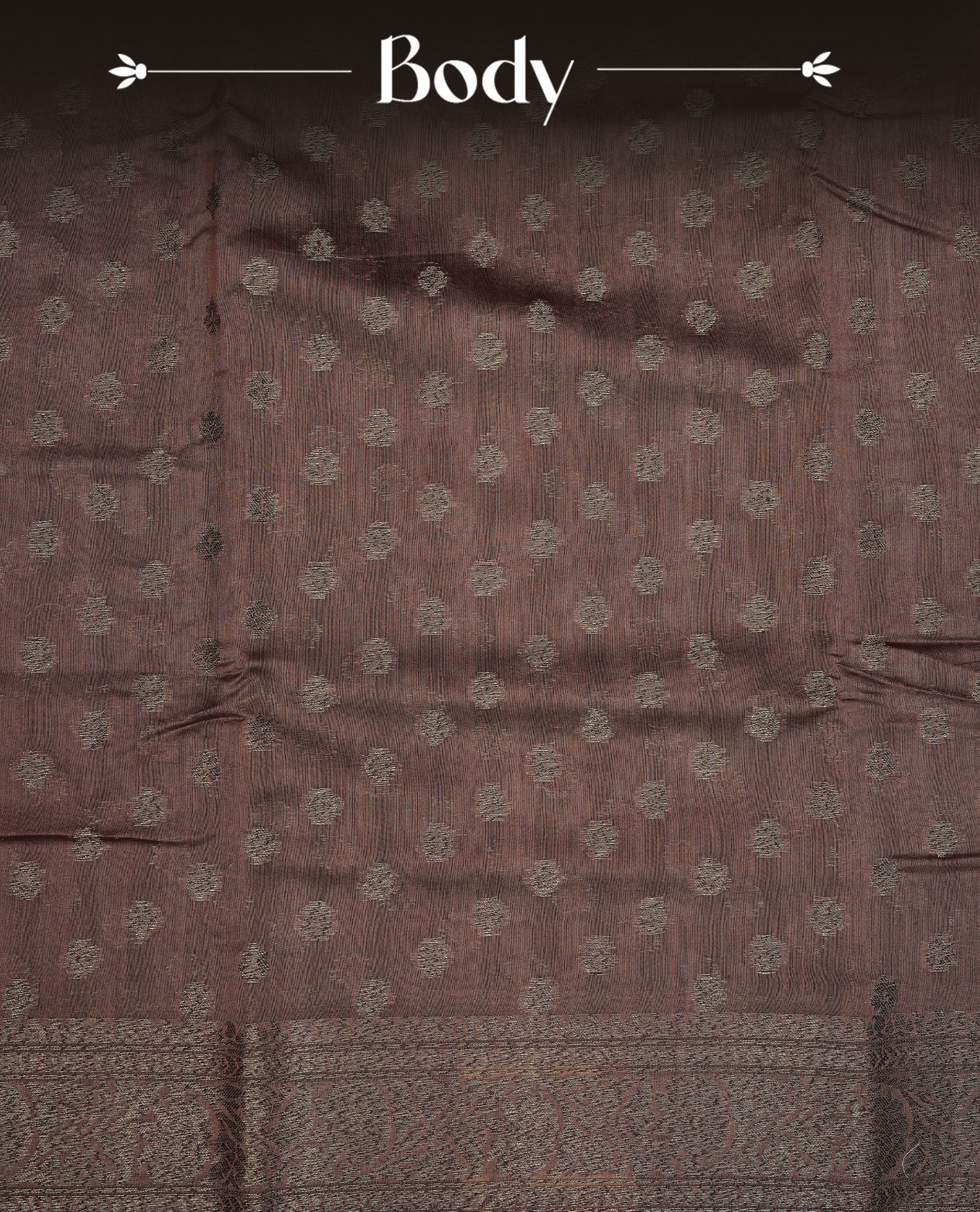 Copper brown colour semi tussar silk saree featuring elegant Antique zari motifs across the body, designed with a subtle borderless zari finish for a sophisticated traditional look. Paired with a matching blouse piece.