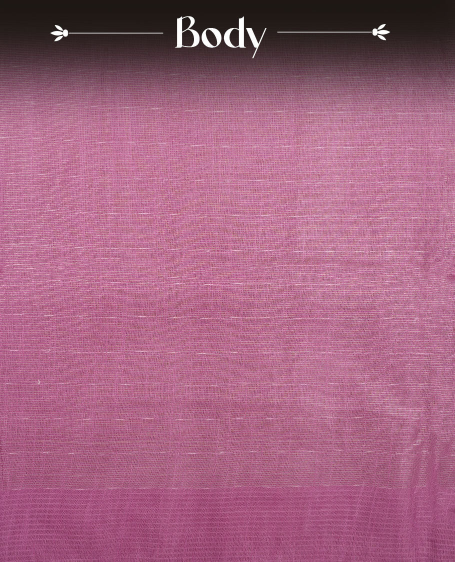 Pink colour semi jute saree highlighting gold zari striped body, without border and paired with matching blouse.