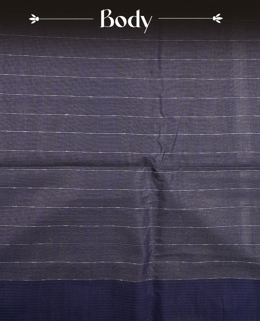 Dark blue colour semi jute saree highlighting gold zari striped body, without border and paired with matching blouse.