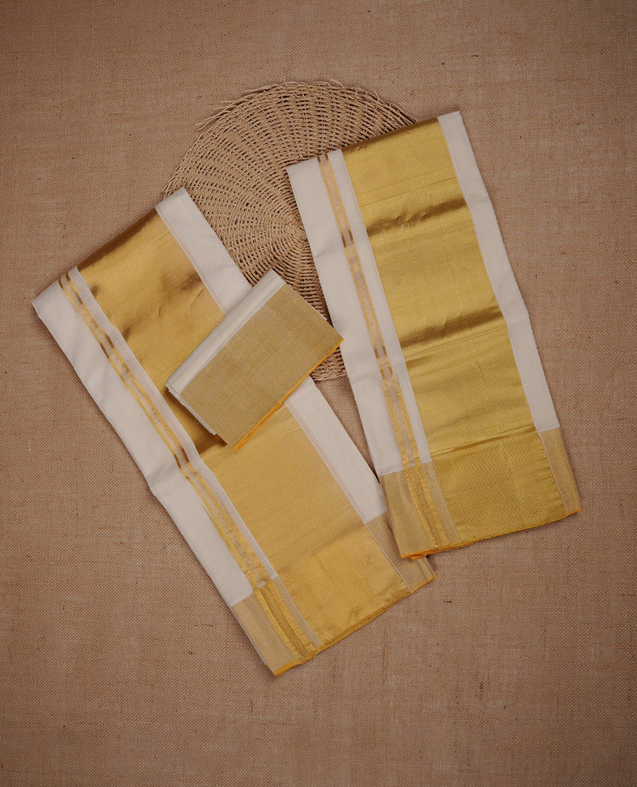 Off white colour pure cotton set mundu highlights gold zari traditional border (2.00/2.80 MTS).