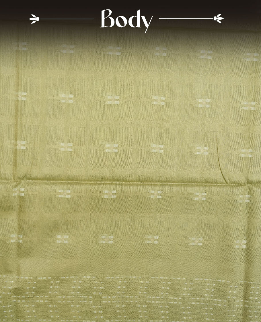 Pastel green colour semi jute saree highlighting white thread motifs on body, without border and paired with matching blouse.