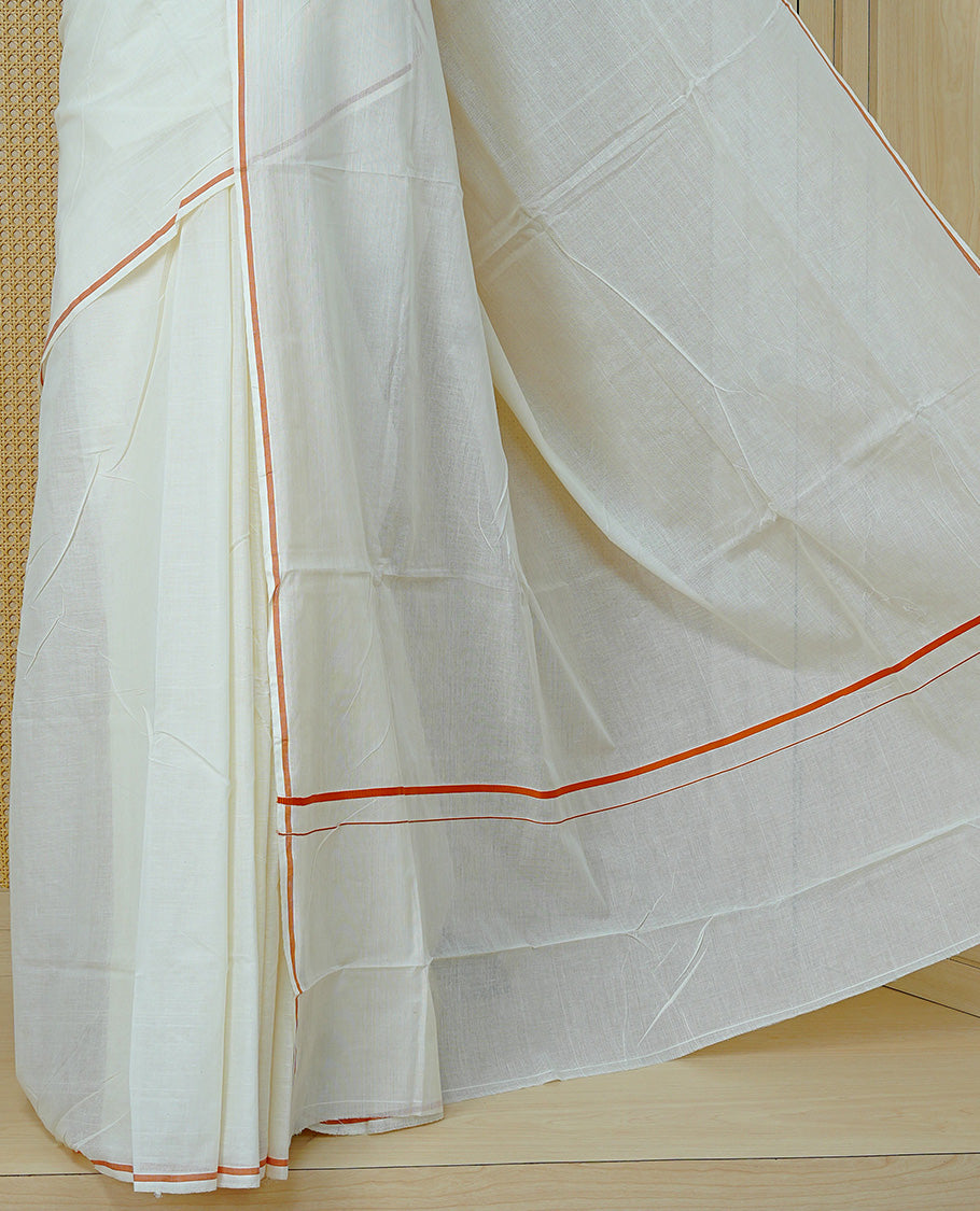 Cream Colour Cotton Kerala Saree Featuring A Classy Plain Body For Effortless Elegance, Enhanced By A Minimalist Orange Border, Paired With A Matching Blouse Piece.