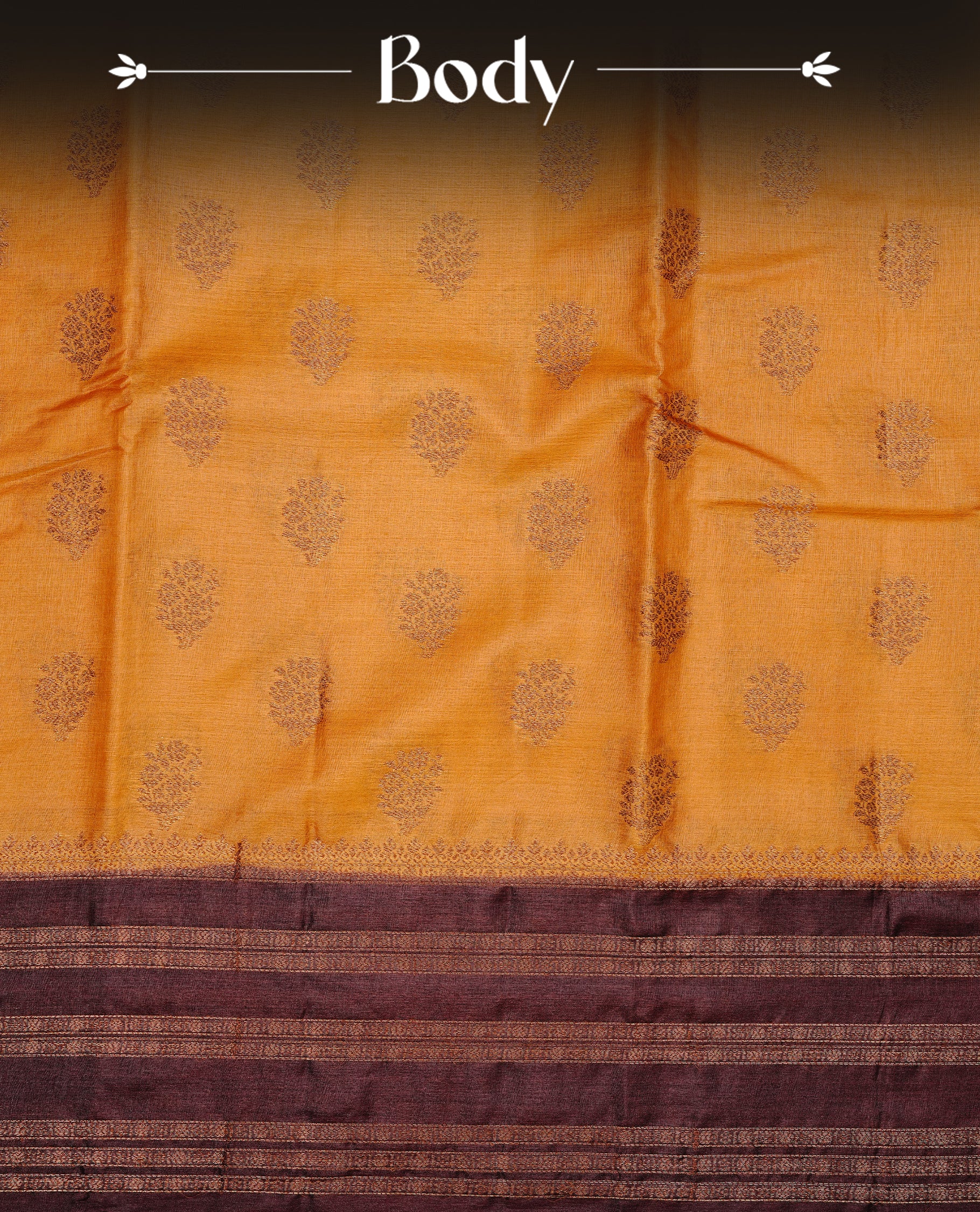Mustard colour pure tussar banaras silk saree featuring gold zari motifs on body, highlighting contrast Chocolate colour with zari border, paired with matching blouse piece.