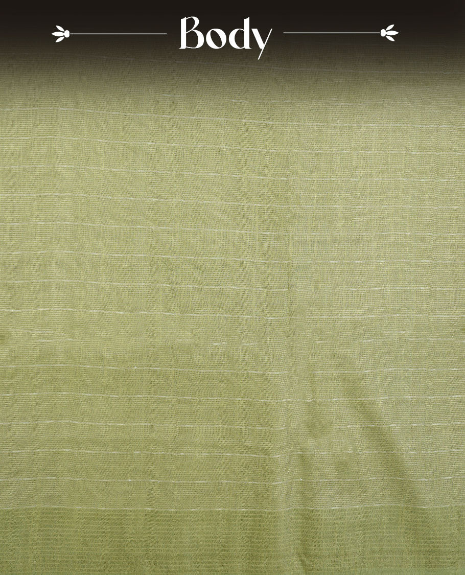 Pastel green colour semi jute saree highlighting gold zari striped body, without border and paired with matching blouse.