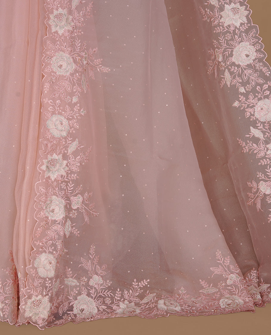 Pinkish beige colour organza saree featuring thread with cut beats & sequins floral pattern on body, highlighting scalp border, paired with matching blouse piece.
