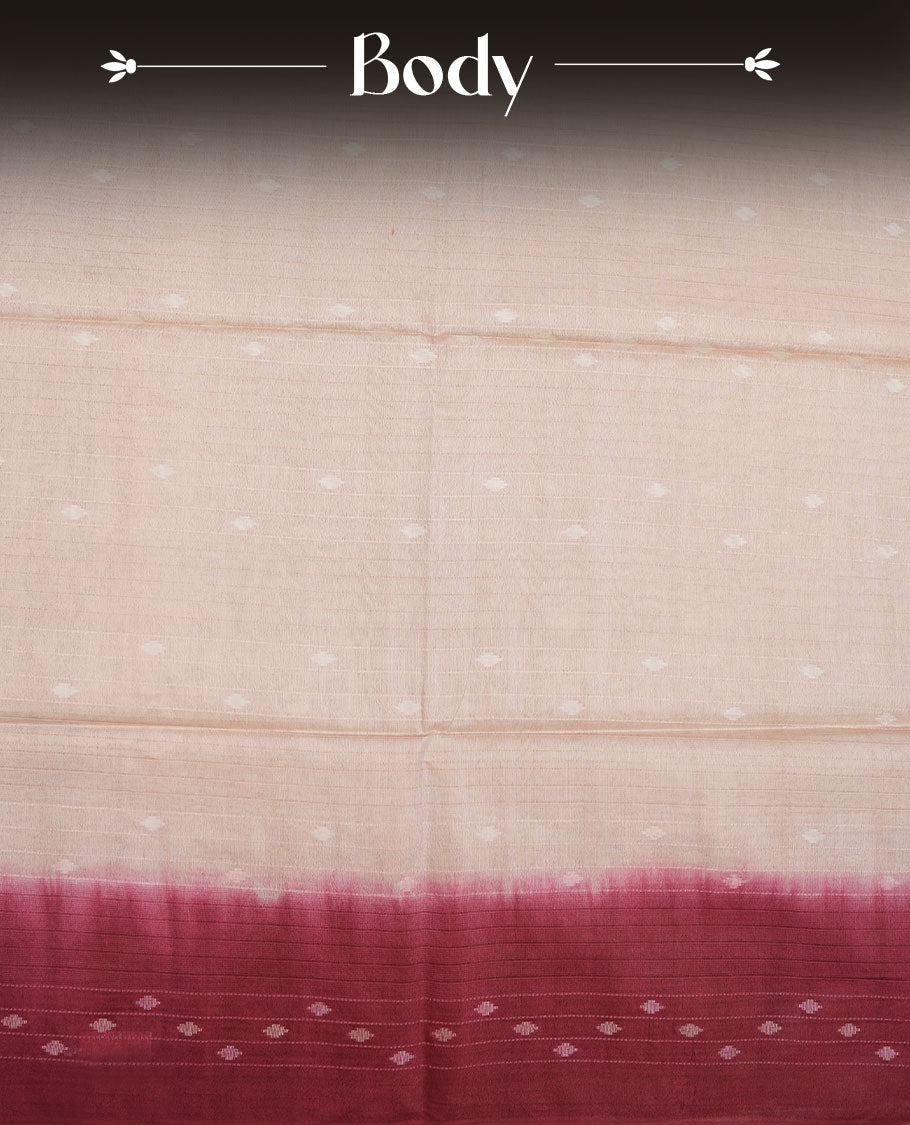 Cream & Red dye pattern colour semi jute saree highlighting white stripped body, without border and paired with matching blouse.