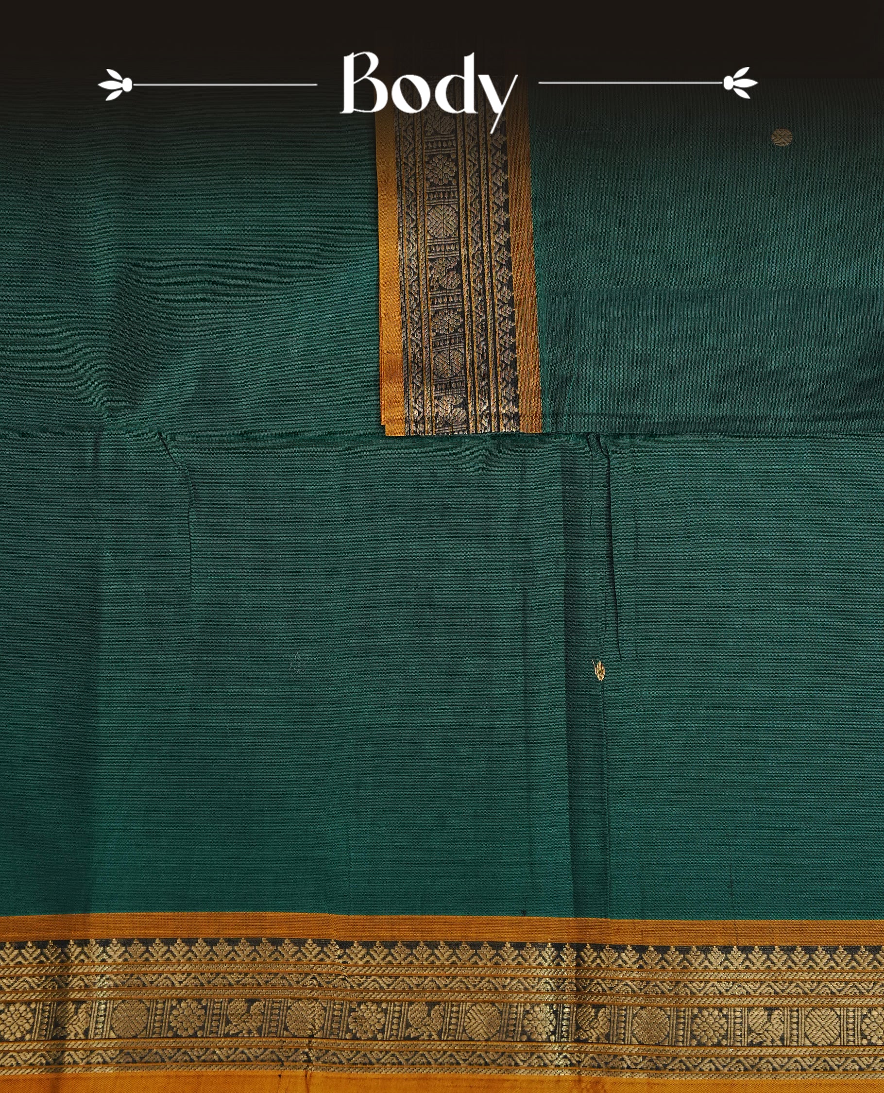 Green colour chettinad cotton saree featuring gold zari motifs body, Contrast Mustard colour with Gold zari border, comes with matching blouse piece.